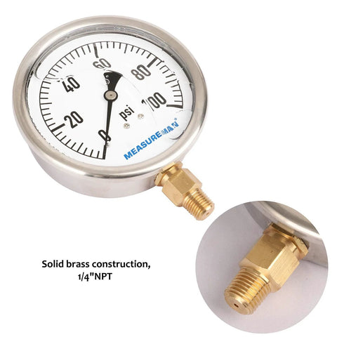 MeasureMan 4-inch glycerin-filled pressure gauge, 0-100 psi, stainless steel case, 1/4-inch NPT lower mount