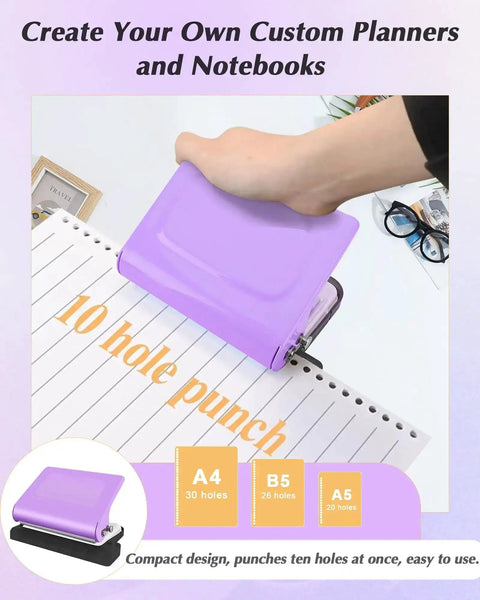 Using 10 Hole Binding Punch For Planners, Metal Manual Puncher For Home Office, punches A4 A5 B5 paper, purple, in action