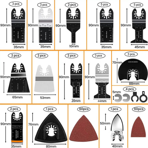 158 Pack Oscillating Tool Blades Set With Sandpaper for Wood Metal Plastic Bi Metal Multitool Blades Kit With Quick Release Fit For DeWalt Ryobi Makita Rockwell Includes 10 Blade Types and Sanding Pads shown with blade sizes and shapes displayed.