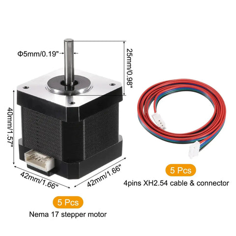 Image of NEMA 17 Stepper Motors 5 Pack For 3D Printer And CNC Machines By Meccanixity, showing motor dimensions and XH2.54 cable.