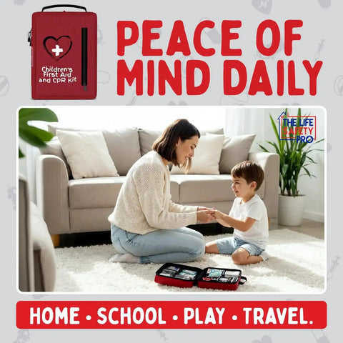 Mother and child using Kids Portable First Aid Kit With CPR Shield For Home Car School Camping And Travel Latex Free Bandages by Life Safety Pro