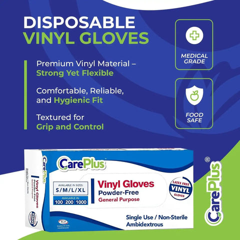 Box of disposable latex free vinyl gloves large 100 count heavy duty powder free for food prep on blue background.