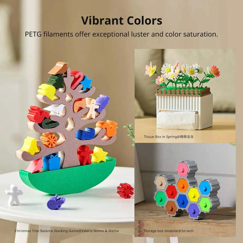 Decorative tree and flower models created with vibrant PETG filament showcasing luster and color saturation.