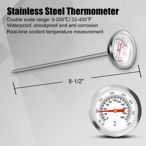 Stainless steel thermometer with 8.5 inch probe, showing dual temperature scales, waterproof and shockproof.