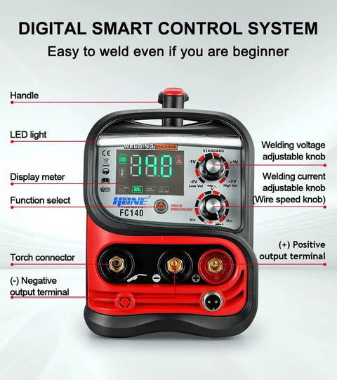 Front view of Three in One welding machine with MIG flux core and Lift TIG, synergic MIG control, large LED display, 110V input.