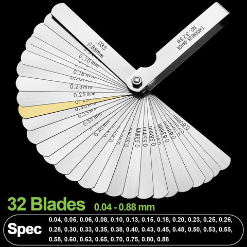 32 Blade Feeler Gauge Set For Precision Gap Measurement In Guitars, Spark Plugs, And Pistons, SAE And Metric Readouts, 0.0015 To 0.035 Inches, Stainless Steel, Portable Tool With Clear Numbers For DIYers And Pros Spurtar