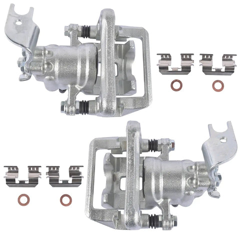 Two silver disc brake caliper assemblies with mounting brackets and hardware for rear left and right Honda/Acura models