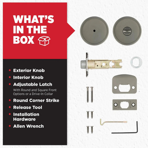 Components of Pismo Interior Round Privacy Door Knob With Lock In Gunmetal Finish For Bedroom And Bathroom laid out on display