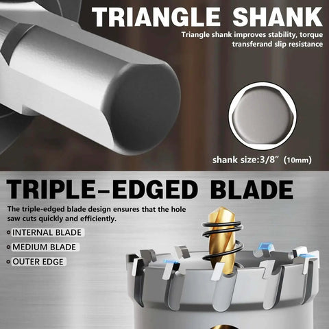 Heavy Duty Carbide Hole Saw Kit For Metal With Titanium Pilot And L Wrenches By METOTY features triangle shank and triple-edged blade