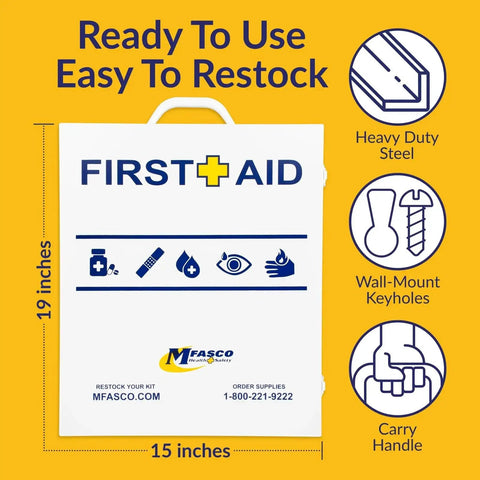 OSHA ANSI 2021 Class B Compliant First Aid Cabinet For Workplace And Commercial Spaces Heavy Duty Metal 3 Shelf Wall Mount Kit With Ready To Go Supplies No Medications MFASCO, front view with dimensions and features.
