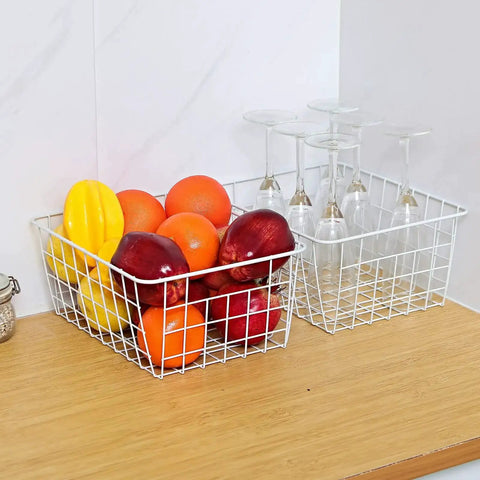 Set Of 4 White Wire Storage Baskets For Freezer, Pantry, And Bathroom Organization, 8.75 W X 11 L X 4.8 H bins holding fruits and glasses