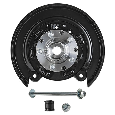 Direct Fit Rear Left Steering Knuckle And Wheel Hub Bearing Assembly For 2001 To 2008 Subaru Forester Driver Side Replacement Compatible With 2002 2003 2004 2005 2006 2007 Models, Ideal For Safer Handling And Smooth Steering, showing a metal assembly with bolts and additional components.
