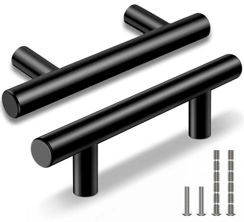 Two matte black cabinet handles with screws, 5 inch length, 3 inch hole center, stainless steel, durable rust resistant hardware.