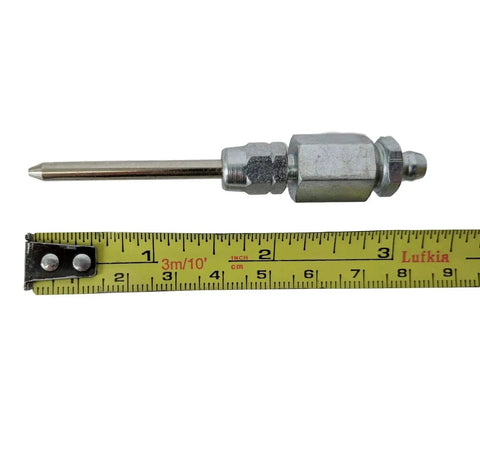 Narrow Needle Dispenser For Grease Guns With Extra Reach And Snap On Jaw Type Coupler next to measuring tape
