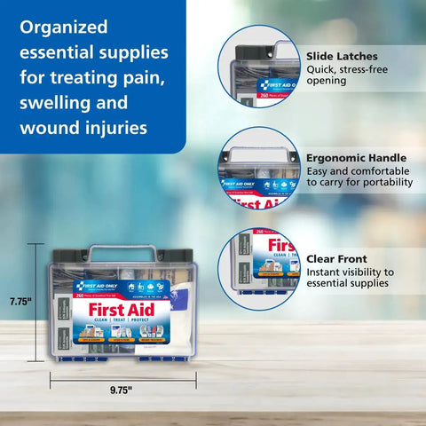 OSHA Compliant First Aid Kit For 50 People With 260 Pieces, showing clear front, ergonomic handle, and slide latches.