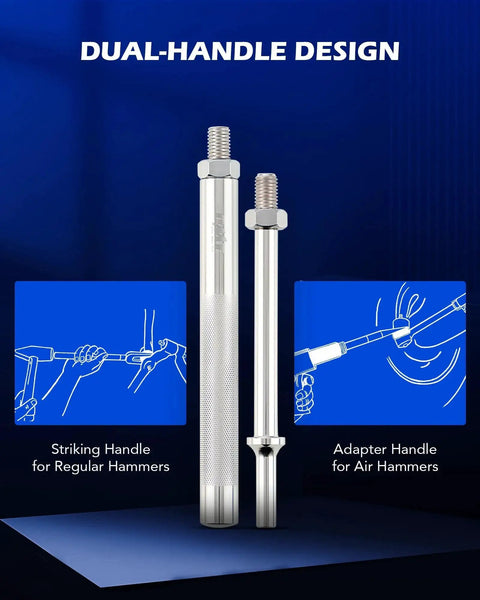 Side view of dual-handle design in 5 Piece Pickle Fork Tool Set For Ball Joints Tie Rods And Pitman Arms, featuring striking and adapter handles.