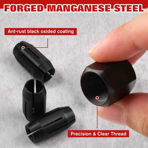 Replacement Collet And Nut Kit For CN1 showing heavy-duty manganese steel collets and nut with black oxide coating on a textured surface