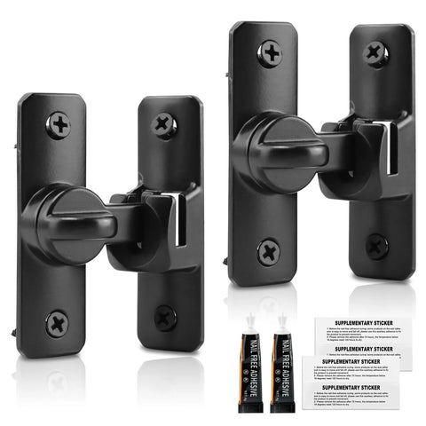 Two Pack Barn Door Lock Latches with 90 and 180 Degree Flip Design, Zinc Alloy, Black Finish with Adhesive and Stickers