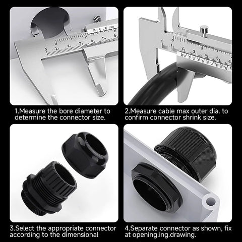 Diagram showing installation steps for a waterproof cable gland from a waterproof cable gland kit 50 pack for 3 to 16mm cables.