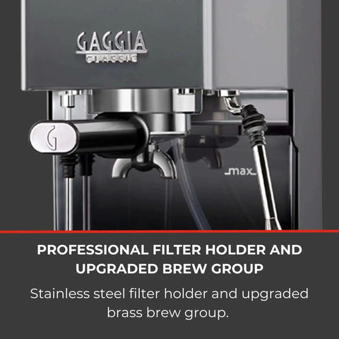 Close-up of Classic Evo Pro Grade Espresso Machine With Industrial Grey Finish Made In Italy Compact Size 9 Bar Extraction.