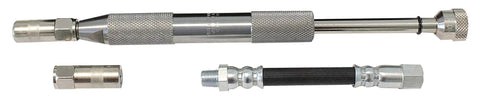 Three-piece grease joint rejuvenator kit: chrome tool with knurled grip, hose assembly, and adapter