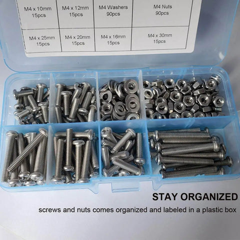 Open plastic box with Go To Assorted M4 Pan Head Phillips Machine Screws Set 10 12 16 20 25 30mm With 90 Nuts And 90 Washers