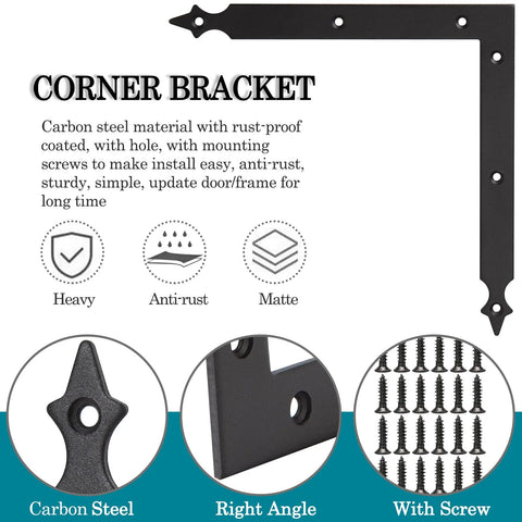 Diagram of Barn Door Corner Bracket Set 7 Point 7 Inch Matte Black Rustic L Brackets For Sliding Doors Garage with screws shown