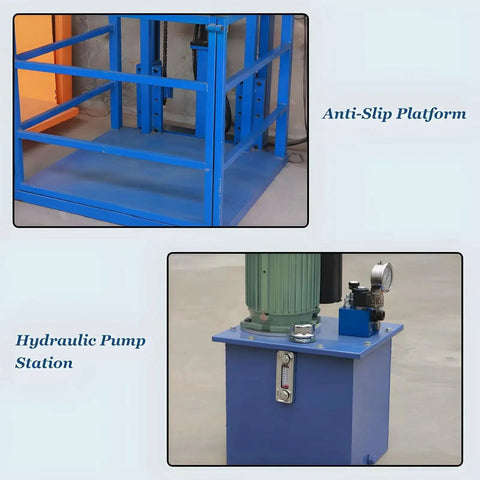 Front view of blue anti-slip 1-ton hydraulic lift platform frame with rails; hydraulic pump station with motor.
