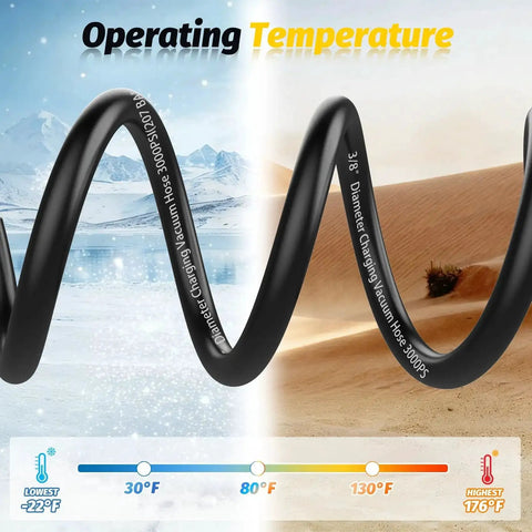 Heavy Duty 3 Ft Charging Vacuum Hose With 3/8 In Fittings displaying operating temperature range in cold and hot conditions.