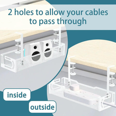 Under Desk Cable Management Tray No Drill Mesh Organizer in white, shown installed under a desk, featuring cable pass-through holes and adjustable clamps.