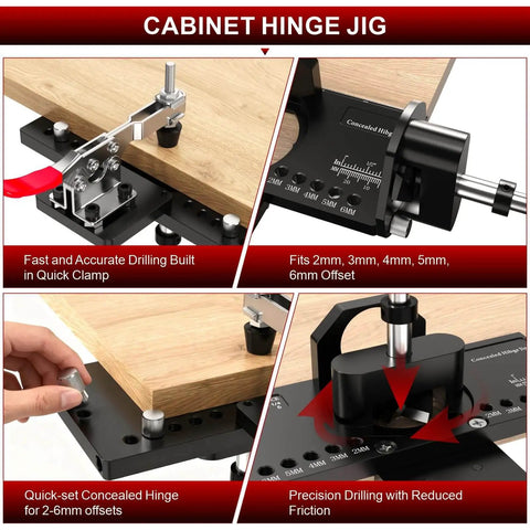 Concealed Hinge Jig For Cabinets And Doors, Metal Construction With Quick Clamp And Dust Vacuum Adapter, 35mm Concealed Door Hinge Jig For Woodworking Cabinet Hinges Mounting Tool, showing drilling setup and features.