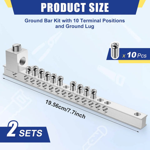 Two Set Ground Bar Kit With Ten Terminal Positions And Aluminum Ground Lug Bar For Electrical Connections, Heavy Duty Grounding Lugs