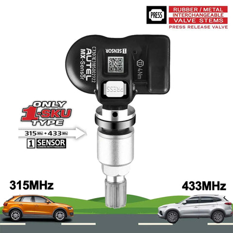 MX Sensor TPMS Set Of 4 Programmable All In One 315MHz 433MHz Press In TPMS Sensor with Metal Valve for Tire Monitoring