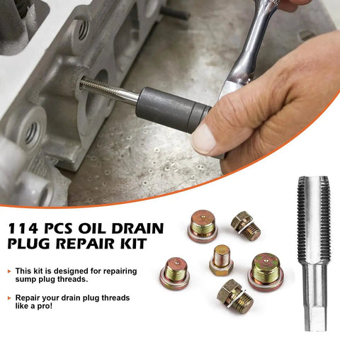 114 Piece Oil Pan Drain Plug Repair Kit With Six Metric Taps From M13 X 1.25 To M22 X 1.5 And 36 Replacement Plugs shown with application