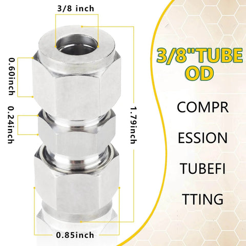 304 Stainless Steel Compression Tube Fitting Union For Three Eighths Inch Outside Diameter Tubing with dimensions and specifications