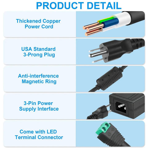Product details showing thickened copper power cord, USA standard 3-prong plug, magnetic ring, 3-pin interface, LED connector
