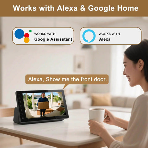 Woman using tablet with 2K FHD Wireless Doorbell Camera With 180 Degree Head To Toe View No Sub Fees Battery Powered Two Way Talk Motion Alerts Smart Home Chime Works With Alexa And Google 2.4G WiFi display