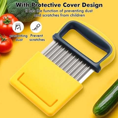 Bright yellow crinkle cutter with protective cover and easy grip, ideal for slicing potatoes, carrots, and cucumbers.
