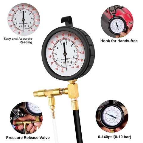Deluxe Fuel Injection Pressure Tester Kit With Dual Dial Gauge 0 To 140 PSI showing gauge, valve, hook, and case details