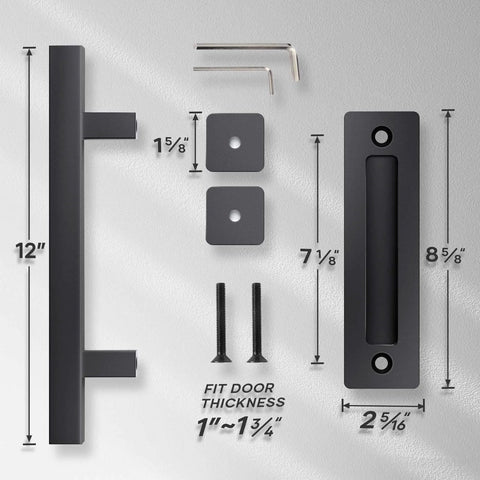 12 Inch Sliding Barn Door Handles And Pulls Hardware Rustic Double Sided Built Tough Heavy Duty Matte Black Powder Coated Finish Easy Install Square Style 2 Pack Set with dimensions