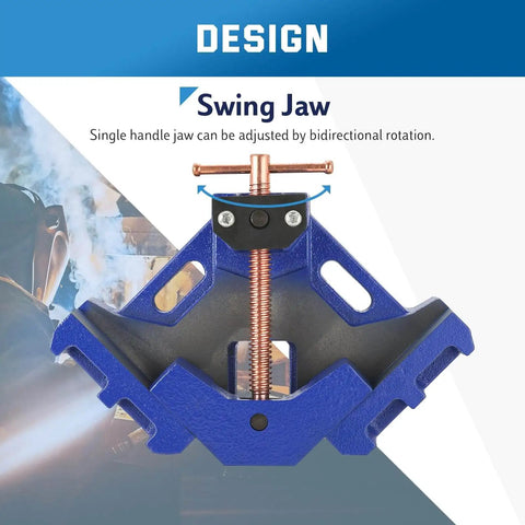 Front view of Beefy Heavy Duty Cast Iron Welding Clamp Jig With Two Axis 90 Degree Right Angle Centering Fixture, blue and copper design.