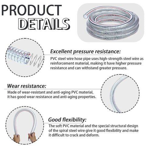 Heavy Duty Steel Wire Flexible PVC Vacuum Hose 1 Inch Inner Diameter 10 Ft With Fasteners Reinforced Clear Tubing for durability