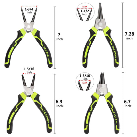 4-Piece 7-Inch Snap Ring Pliers Kit Pro Grade Internal And External Circlip Pliers Set With Straight And Bent Jaw Heavy Duty Ring Remover For Retaining Rings Storage Pouch Included displayed.
