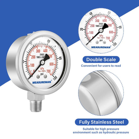Pressure gauge, 2.5-inch stainless steel, glycerin-filled, 1/4 NPT lower mount, dual 0–100 psi / 0–700 kPa