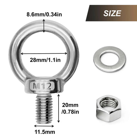 Four-Piece M12 X 20mm 304 Stainless Steel Eye Bolt Set Built Tough For Lifting With Shoulder Ring Heavy-Duty Threaded Eyebolts Includes Nuts And Washers For Indoor Outdoor Marine Use, close-up of bolt with dimensions.
