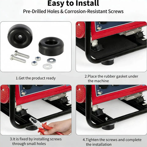 Two Pack Heavy Duty Rubber Foot Pads for Noise Reduction and Vibration Damping, installation steps with screws and tools