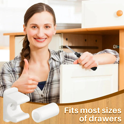 Woman installing Eight Pairs False Drawer Front Clips For Cabinet Fronts With Screws Included, holding screwdriver, thumbs up