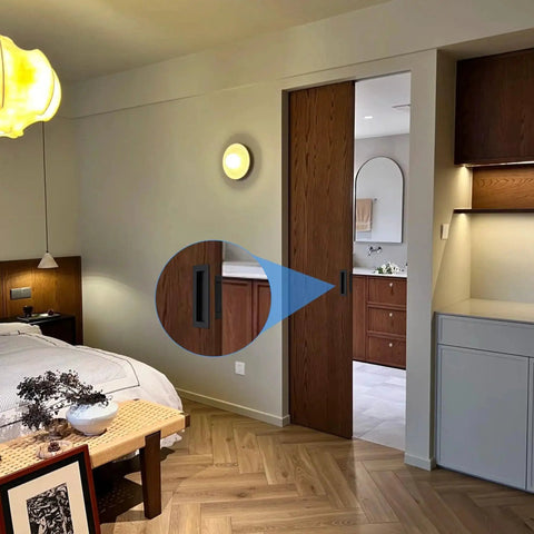 Installed sliding pocket door handles set matte black 304 stainless steel non locking recessed flush finger pulls, bedroom view.
