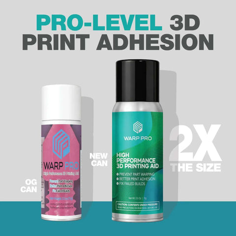 Two cans of Pro Grade 3D Printer Bed Adhesive Spray For Warp Free Prints Easy Spray On Build Plate Solution That Is Water Washable No More Glue Sticks Works With All Filaments And Build Surfaces displayed, showing old and new packaging sizes.
