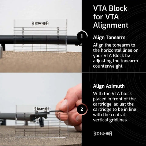 Close-up of VTA block usage for turntable alignment showing tonearm and azimuth adjustment guides in use